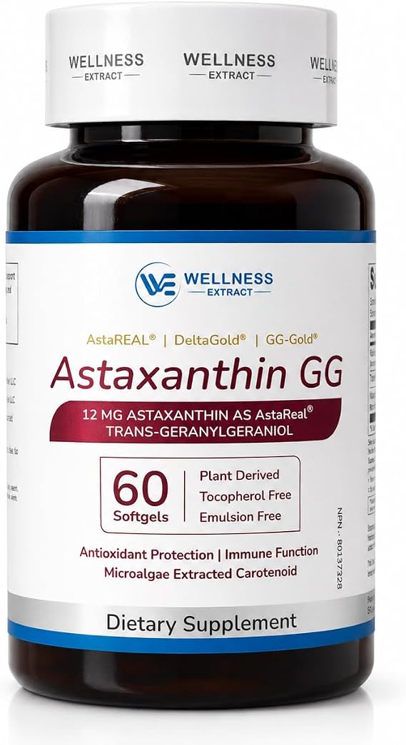 Astaxanthin 12mg Supplement – AstaREAL™ Sourced from Microalgae with GG-Gold® Geranylgeraniol & DeltaGold® Tocotrienols, Non-GMO, Gluten-Free, Antioxidant Support for Eye, Skin & Heart – 60 Softgels
