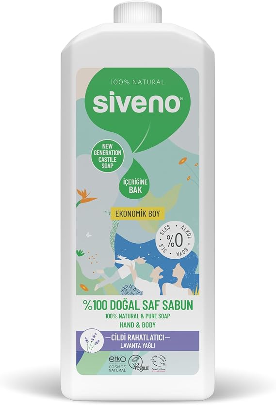 Siveno%100 Doğal Sıvı Kastil Sabun Lavanta Yağlı Yoğun Nemlendirici Arındırıcı Bitkisel Vegan 1000 ml