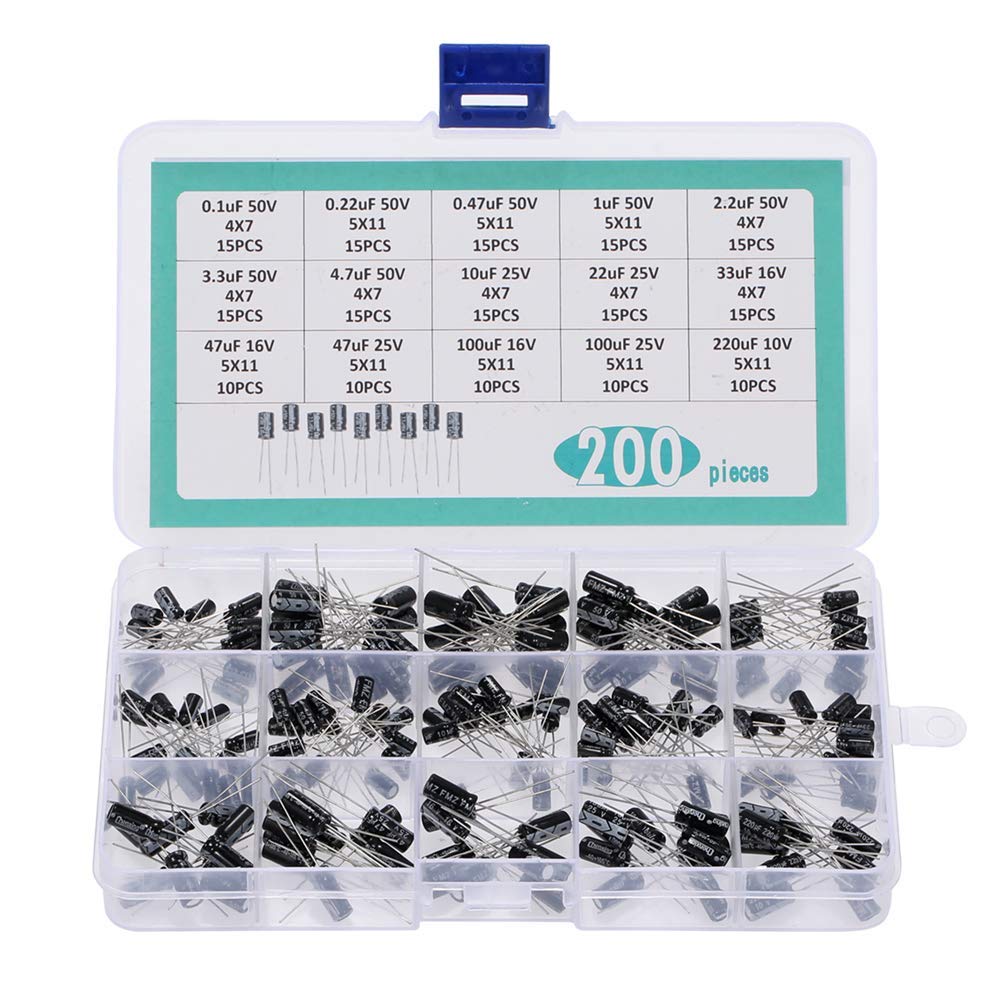 DollaTek 200pcs 15Values Range 0.1uF-220uF Electrolytic Capacitors Assortment Kit