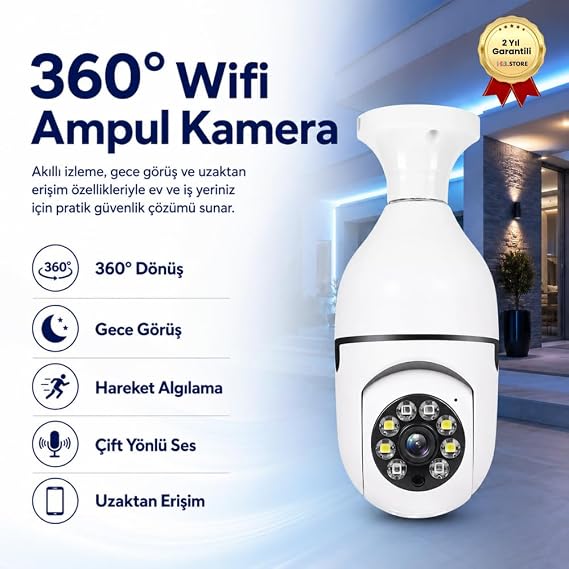Akıllı Kablosuz IP Kamera Wifi 360 Derece Hareketli Gece Görüş Ses Kayıtllı Ampul Kamera Güvenlik