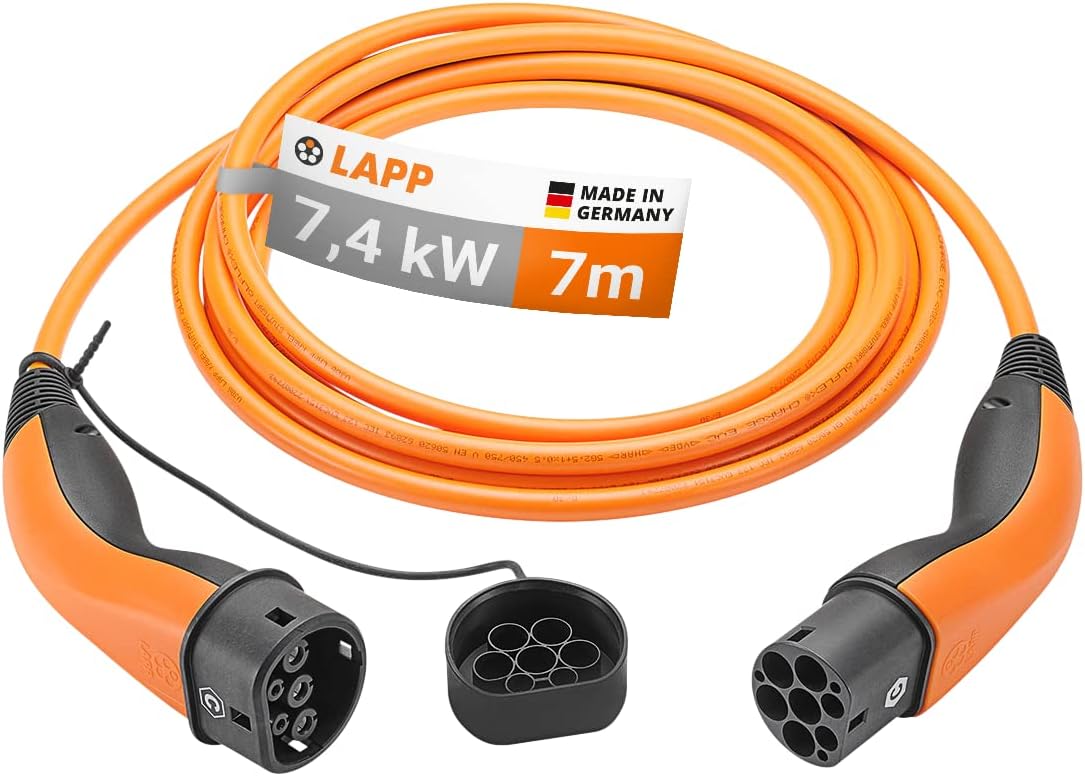 LAPP Mobility EV Charger Type 2 7,4 kW  32 A  1-phaseCharging Cable for Electric Car Charger, Smooth Surface  7 MetresMode 3  orange