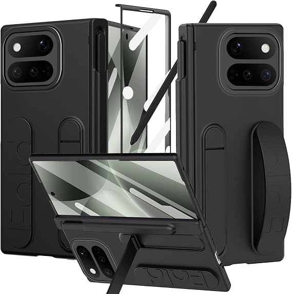 フィンガーストラップ Google Pixel 11 Pro フォールドケース ペンホルダー&スタイラス付き、オールラウンドヒンジ保護スクリーンプロテクター キックスタンド マットスリムケース Google Pixel 11 Pro用 フォールドブラック