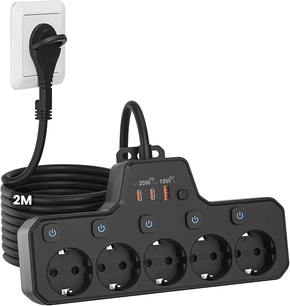 5-Way Power Strip Flat Plug Multiple Socket with USB C PD20W