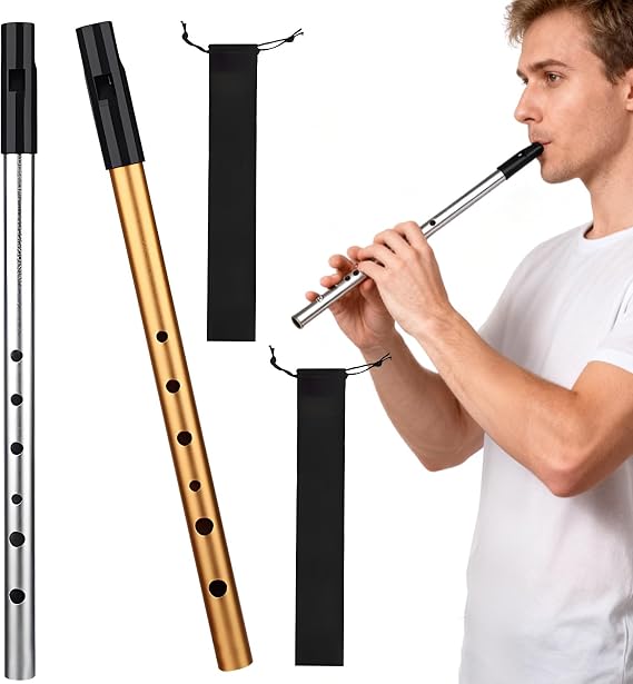2 Pcs Tin Whistle Set, Penny Whistles 6-Hole Aluminum Wind Instrument D & C Key Tin for Beginners Celtic Folk Music Practice Performances (Gold Silver）