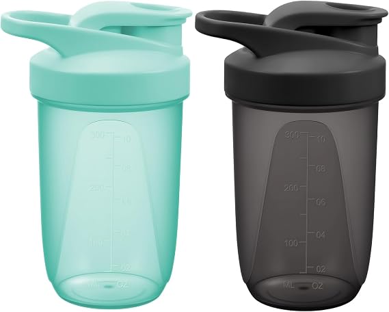 Protein Shaker Bottle, 2PCS Shaker Protein Shakes with Metal Stirring Ball, Sports Gym Supplement Protein Shake Bottle for Mixing Protein Shakes and Supplements, 400ml, Green and Black
