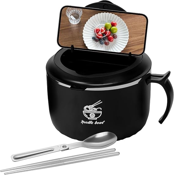 1600ml Large Ramen Bowl with Filterable Lid, Stainless Steel Noodle Cooker with Folding Spoon and Splicing Chopsticks, Multipurpose Bowl for Home, Office, and Dorm Room