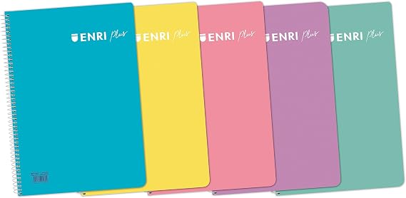 Enri Plus, A5 Notebooks (Quarter), Pack of 5 Plastic Cover Notebooks with Spiral, 80 Sheets with 4x4 Squares, Pastel Blue, Pastel Yellow, Pastel Pink, Mauve, Ice Mint Pastel