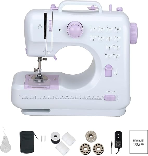 Sewing Machine 12 Stitches Electric Sewing Machine Household Double Thread Sewing Machine Automatic Threader Portable Sewing Machine for Beginners 27.5 x 12.1 x 26 cm (Purple Button)