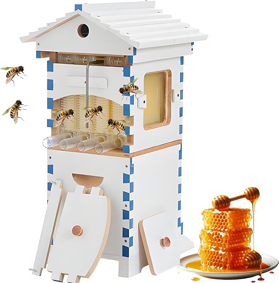 Beehive Starter Kit, Automatic Self-Flowing Honey Hive, Complete Wooden Bee Box, Beekeeping Equipment with Observation Window & Honey Spout for Beginners & Hobbyists