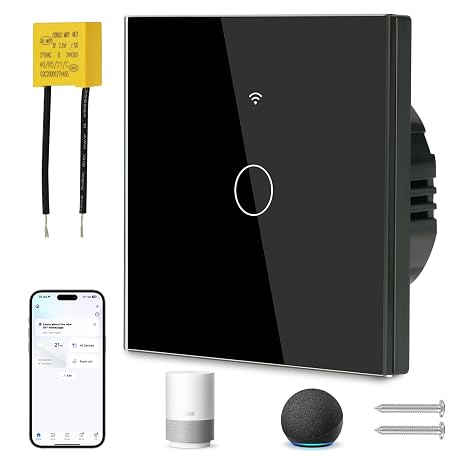 Ainiv Smart Light Switch 1 Gang, WiFi Smart Touch Wall Switch with Capacitor, Multi-Control by Voice/APP Sharing WiFi Switch, Smart Switch Compatible with Tuya SmartLife App Alexa Google Home, Black