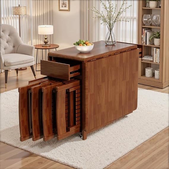 Folding Drop Leaf Dining Table and Chairs Set 4 Seater, Ready Assembled Space Saving Foldable Solid Wood Kitchen Table with Storage and Lockable Wheels (Walnut, 130 cm Table with 4 Chairs)
