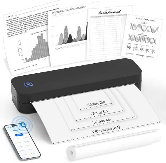 OFFCUP A4 Thermal Portable Printer - Bluetooth Wireless Inkless Mobile Printer for Home, Business, Travel, Invoice, Image (Black)