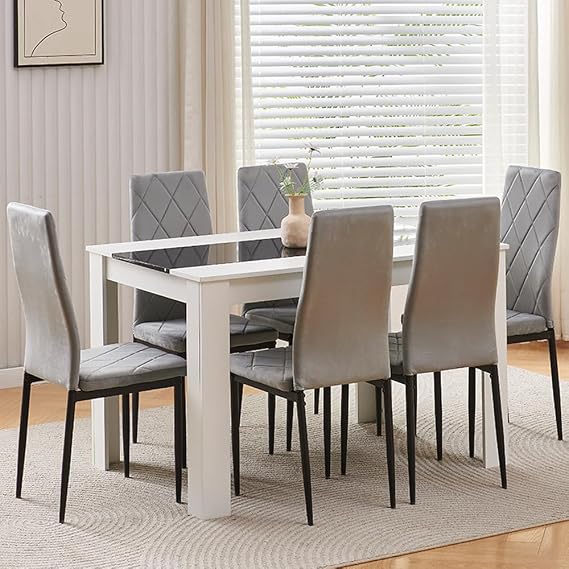 Rainbow Tree 120cm Large Dining Table Set of 6, Modern Dining Table with 6 Grey Velvet Dining Chairs for Dining Room, Kitchen Set for Family Wooden