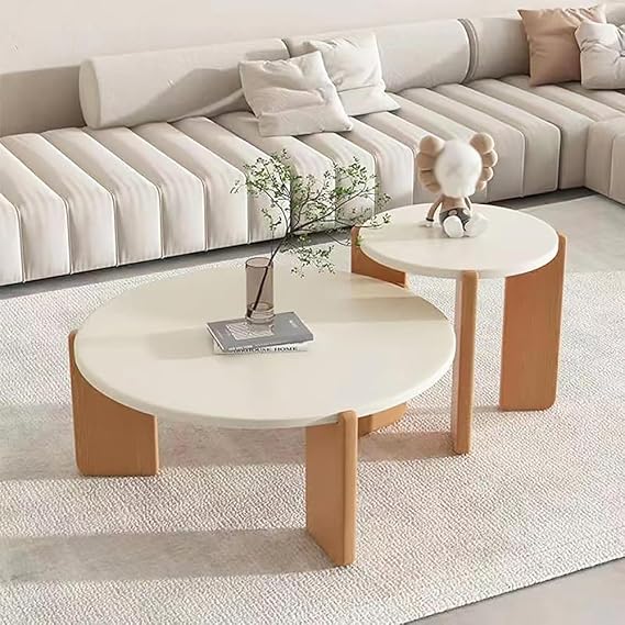 Cream White Round Coffee Table,Modern Solid Wood Coffee Table,Circular Center Accent Table,Cute Coffeee Table Side Table Set Of 2 For Livingroom Bedroom Balcony(Size:38 * 80cm,Color:white)
