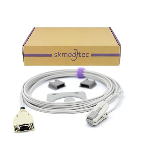 skmeditec SpO2 Sensor Without Chip Compatible with Nellcor with Nellcor Oxismart SpO2 Technology Monitors, 9.8FT Reusable Adult Ear Clip Probe with DB 14 Pins Connector for Replacement Cord