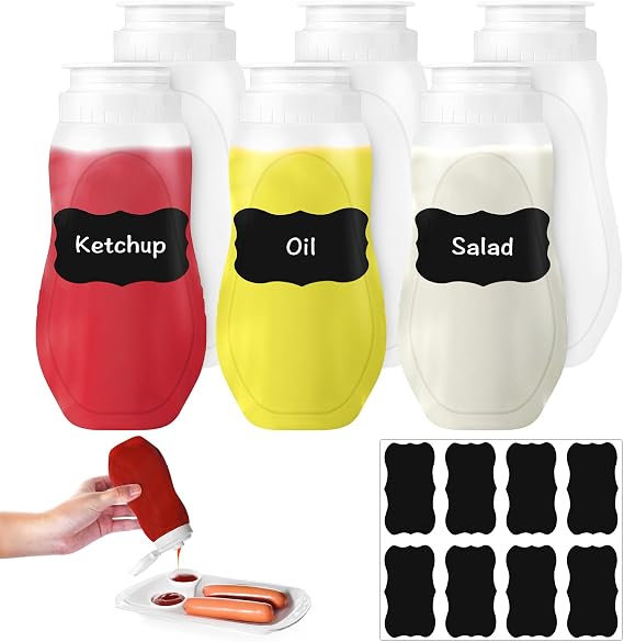 6Pcs Squeeze Sauce Bottle, 11oz Plastic Condiment Bottle with Label