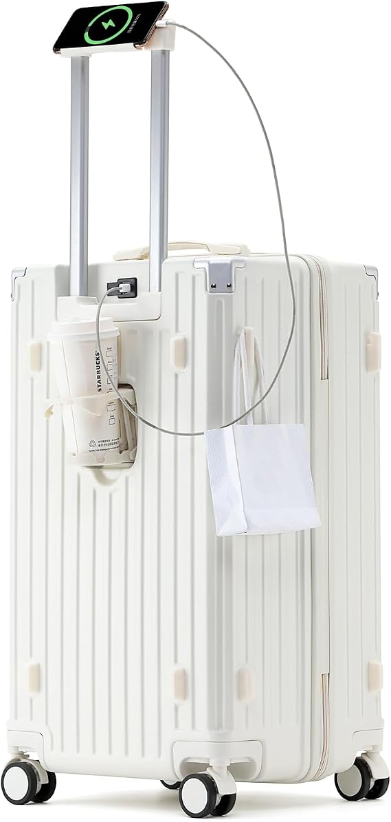 FREEFLY Hard Shell Suitcases Carry on Luggage Medium Suitcase 4 Double Wheels Lightweight Cabin Size Suitcase Medium Cabin Suitcase 360° Universal Wheel Aluminum Telescopic Handle,White,22in