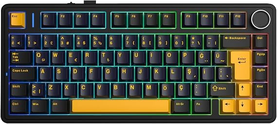 Aula F75 Mekanik RGB TKL GrayWood V4 Switch Kablosuz Makrolu Hot Swap Türkçe Q Klavye Siyah