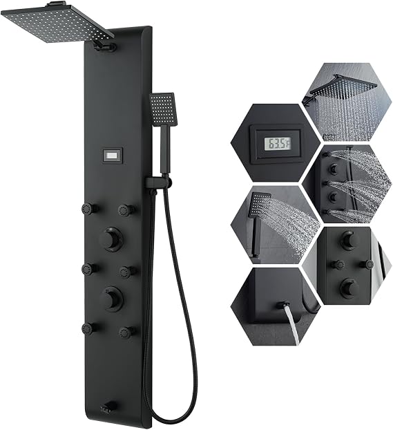 Stainless Steel Shower Panel Tower System Height Adjustable Rainfall Shower Head 4 in 1 Shower Panel with 6 Body Jets Handheld Shower Tub Spout Brushed