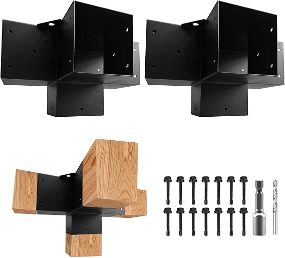 Pegola Bracket Kits 2PacK,4-Way Right Angle Corner Woodwork Brackets for 6"x6" (Actual:5.5"x5.5") Lumber,DIY Metal Wood Beam Brackets for Patio Pavilion,Log Cabin Outdoor Kitchen with Screws