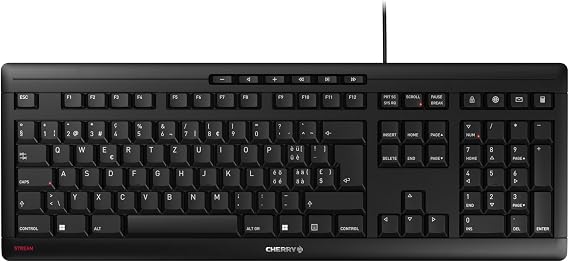 CHERRY STREAM KEYBOARD, Wired Keyboard, Swiss Layout (QWERTZ), Quiet Keystrokes, Unique Typing Experience, Flat Design, Black