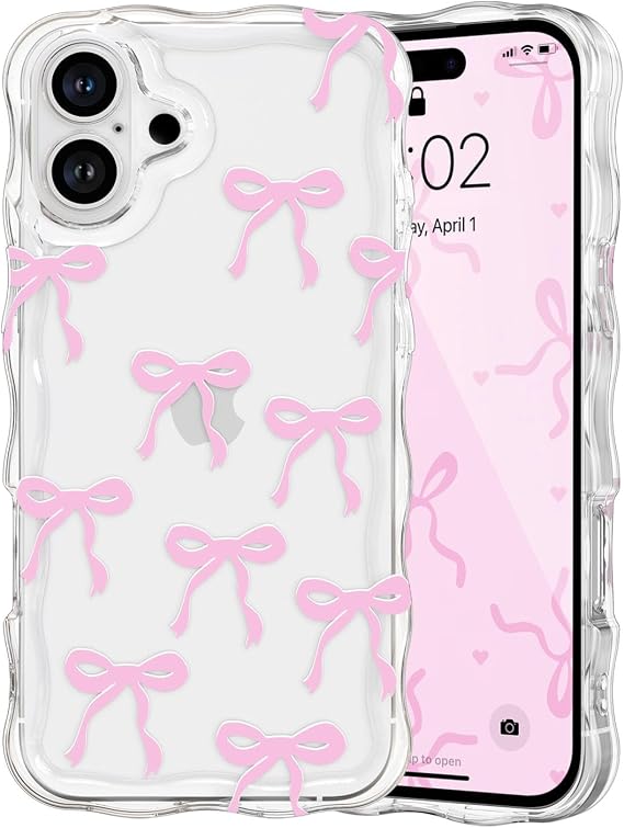 QLTYPRI iPhone 16用ケース、かわいいリボンボウカーリーウェーブフレームクリアフォンケース、ガールズレディース、美的蝶結び透明ソフトシリコンTPUバンパー耐衝撃保護カバー-ピンク
