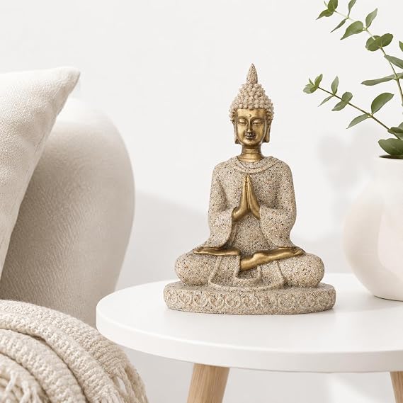Meditating Seated Buddha Statue, Zen Garden Buddha Statue Sculpture, Meditating Buddha Sitting Sculpture Decor, Sandstone Ornament Figurine for Home, Office, Car, Table Decoration(A Gold)