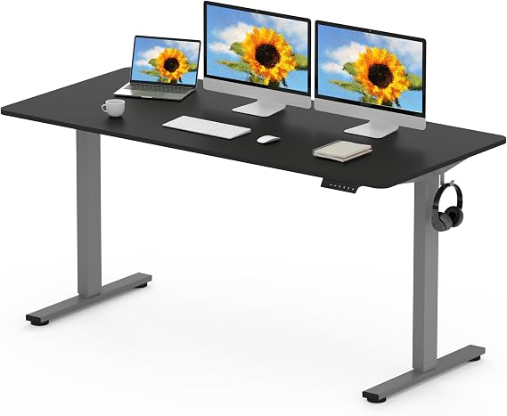 FLEXISPOT 160 x 80cm Electric Standing Desk ONE PIECE Height Adjustable Desk Sit Stand Desk with 4 Memory Smart Panel and Backpack Hook for Home Office, (Gris Frame+Black Desktop)