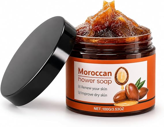 Moroccan Black Soap Paste with Argan & Olive Oil - Black Moroccan Soap, Exfoliating Body Wash for Hammam Deep Clean - Moroccan Body Scrub for Soft Skin & Body Care, 100G