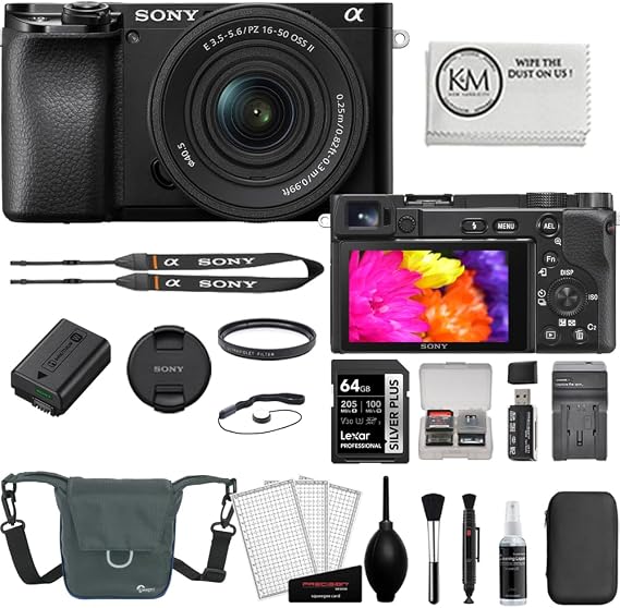 Sony α6100 Mirrorless SLR Camera 16-50mm f/3.5-5.6 OSS II Lens Set with UV Filter + Memory Card + Card Reader + Memory Case + Cleaning Kit + Camera Bag + Cleaning Cloth 8 Items