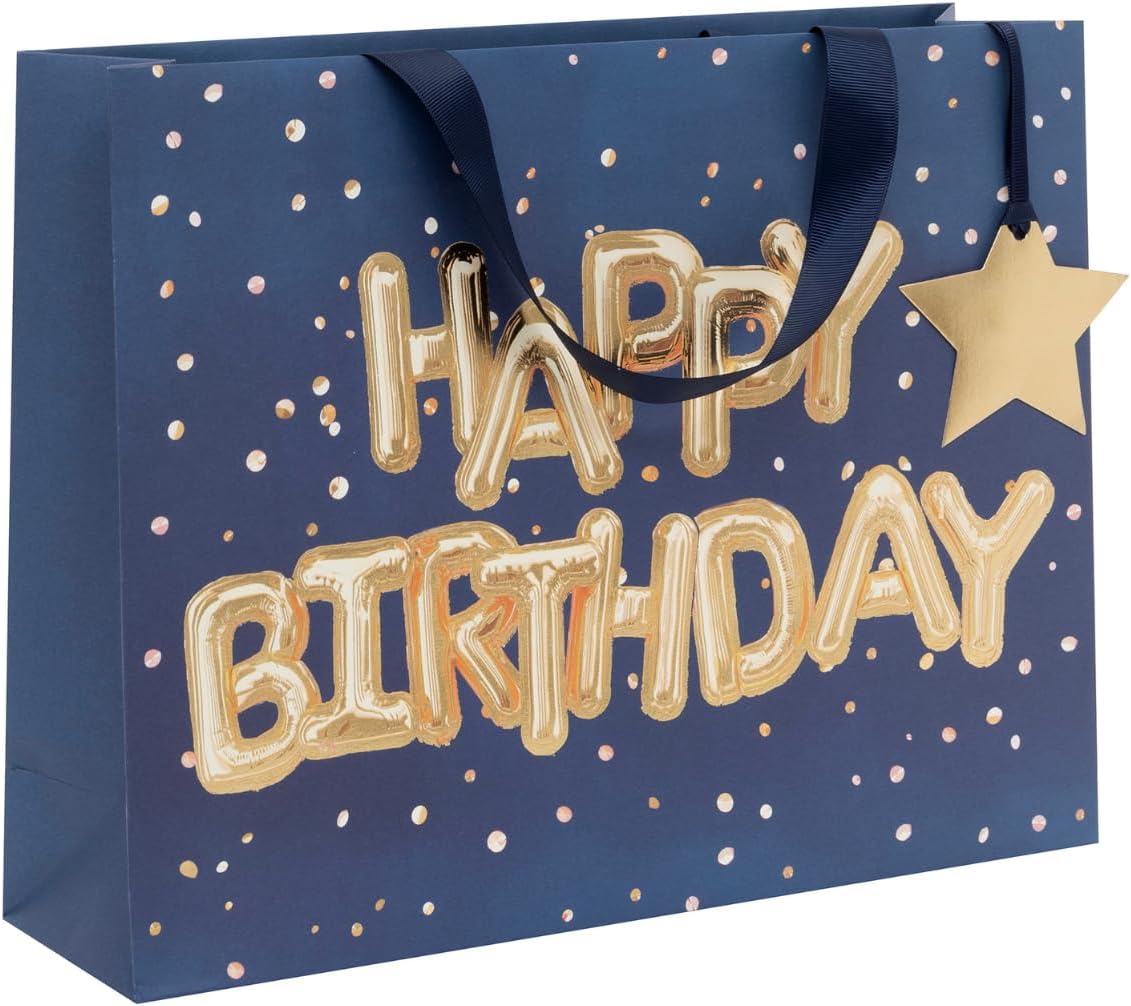 Glick Large Landscape Gift Bag, Helium Happy Birthday Blue, Luxury Recyclable Bag for Birthdays & Celebrations, 275 x 355 x 100 mm