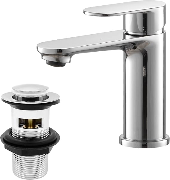 Bathroom Taps with Drain, BATHWEST Basin Mixer Tap with Pop Up Waste, Modern Monobloc Single Lever Brass Bathroom Sink Taps Mixer with Sink Plug 072CR (Silver)