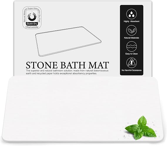 Diatomite Stone Bath Mat, Premium Non-Slip Natural Diatomaceous Earth Bathtub Quick Drying Mats for Bathroom Floor (30" x 17" White)