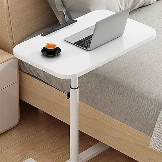 Overbed Height Adjustable Table, Standing Office Laptop Desk with Wheels, C Shaped Laptop Desk, Rolling Bedside Table Meals and Elderly Care,Lockable Table (White) (White)