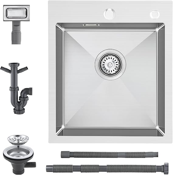 40x45cm Drop in Kitchen Sink, Handmade 304 Stainless Steel Sink with 2 Tap Holes Overmount, for 50cm Base Cabinets,1 Bowl, Topmount