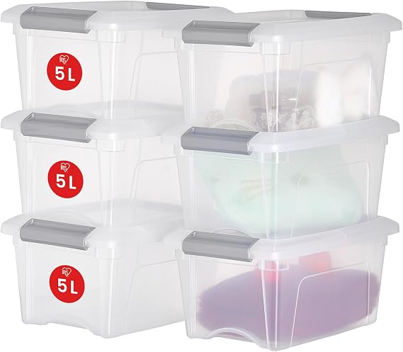 Iris Ohyama Storage Boxes with Lids, 5L, Set of 6, Silver, Secure Buckles, Stackable, Pull-Handles, For Bedroom, Closet, Office, Organisation, BPA Free Plastic, Clothes Tote, NTB-5