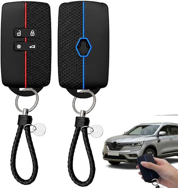 2Pcs Car Key Cover for Renault 4 Button Key Card Case with Lanyard Soft TPU Silicone Key Fob Cover Protective Shell for Renault Clio Captur Megane Koleos Kadjar Espace Duster Dacia, Red & Blue