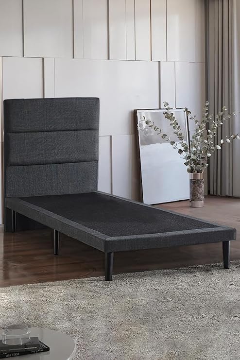 Niron Yatak Slim Baza ve Başlık Takımı 100x200 Tek Kişilik Gri Kumaş Kaplı Metal Karyola ve Başlık Seti