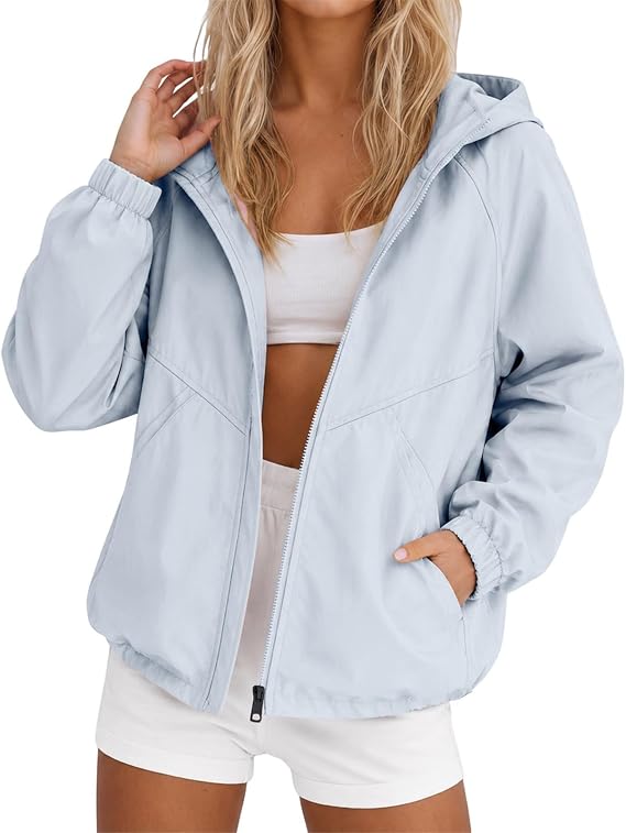 Lightweight Waterproof Jacket Womens Rain Coats for Women Summer Long Sleeve Full Zip Raincoat with Hooded Breathable Windbreaker Softshell Jackets with Pockets for Hiking Walking Cycling Outwear