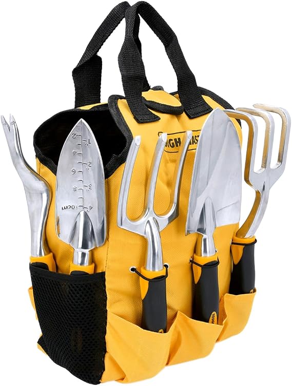 Garden Tools Set 5 Piece Hand Tool Gift Kit With Storage Tote Bag, Hand Trowel, Transplanter, Weeder, Hand Cultivator, Fork, Gardening Gifts for Women & Men TOUGH MASTER
