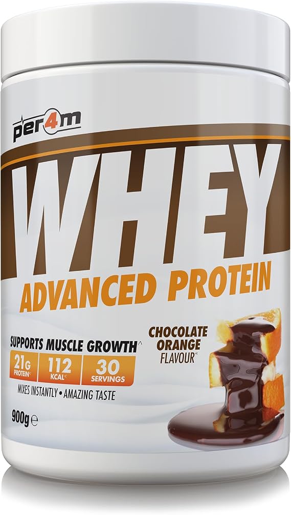 Per4m Whey Protein Powder | High Protein Shake for Muscle Growth & Recovery | Low Sugar Gym Supplement | Sports Nutrition Drink + Amino Acids (900g, Chocolate Orange)