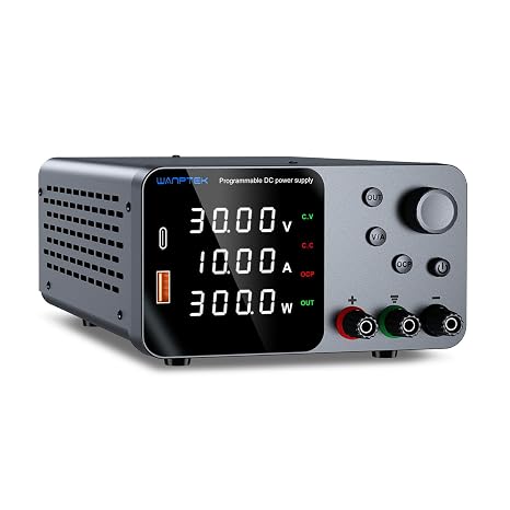 Stabilized DC Power Supply 30 V 10 A Variable Power Supply with USB-A/Type-C Rapid Charging Interface, Small Switching Power Supply with High Precision 4 Digit LED Display, Encoder Control/Output