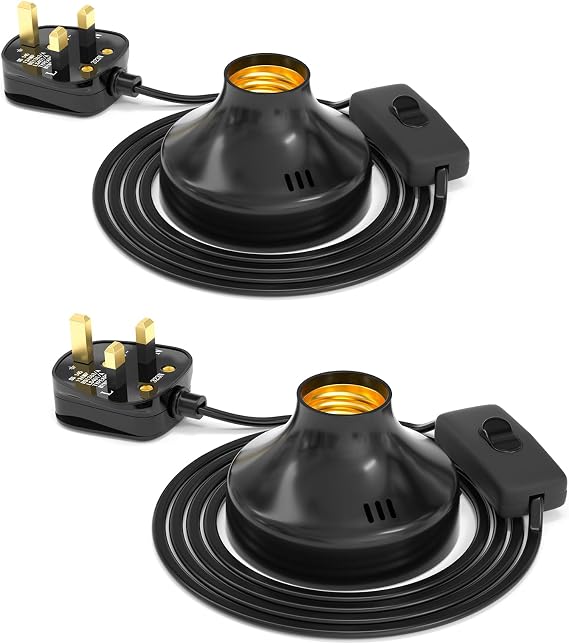 2 Pcs E27 Bulb Holder with UK Plug and Switch, 100W Maximum, 1.8 Meter Cable, Vintage E27 Lamp Holder for Home Lighting Decoration, AC 230V, No Bulb (Black) [Energy Class A]