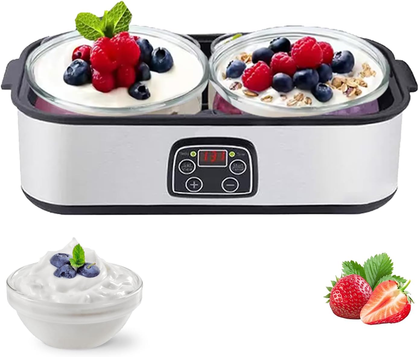 2000ml Yogurt Maker Machine - Stainless Steel Electric Yoghurt Maker with Adjustable Temperature Control & 48H Timer, 2 x 1000ml Glass Jars for Home Fermentation