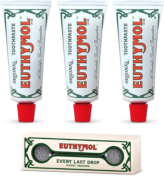 Euthymol Original Toothpaste Set-Toothpaste Squeezer+3xToothpaste 75ml, No Fluoride, Anti-Plaque, Antibacterial, Cavity Protection, Teeth & Gums Clean and Healthy, Cool Mint Refresh, Daily Oral Care