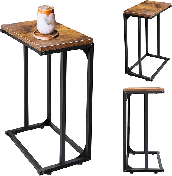 Side Table C-Shaped End Table Bedside Tables with Adjustable Anti-Slip Feet, Metal Frame, for Sofa Bedroom, Living Room, Office, Small Spaces, Coffee, 38x28x63.5cm, Rustic Brown, Industrial Style