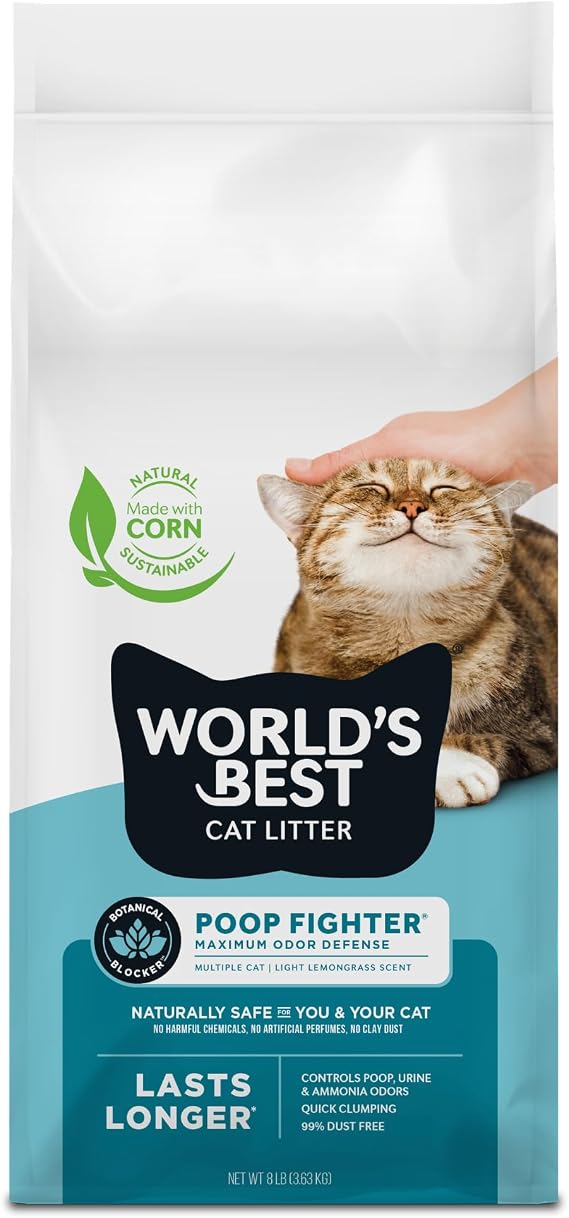 World's Best Cat Litter Poop Fighter, Urine & Poop Odor Defense, 8 lb Bag