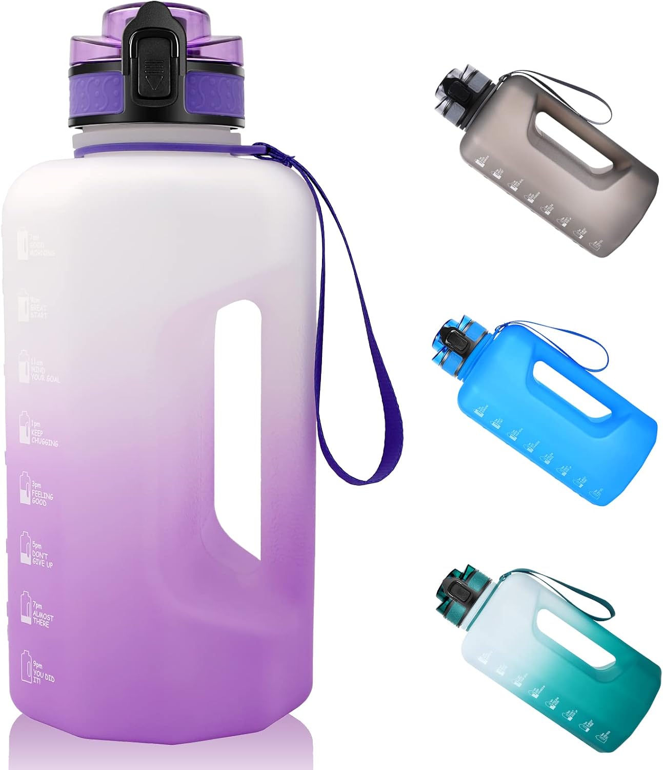 GEMFUL 2.2L Water Bottle with Time Markings Flip Top Lid, BPA-Free, Leakproof, Easy to Carry - Ideal for Gym, Work & Outdoors (Black/White)