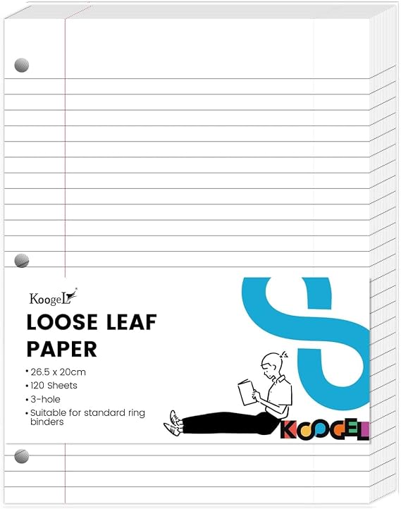 Koogel A4 Lined Paper, 120 Sheets 3-Hole Cream Refill for Binder