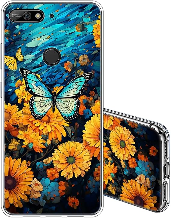 Case Compatible with Huawei Y7 Prime 2018 Transparent Silicone Gel Slim Fit Thin Soft Shockproof Protective TPU Crystal Clear Cover,Butterfly Pattern Print Design